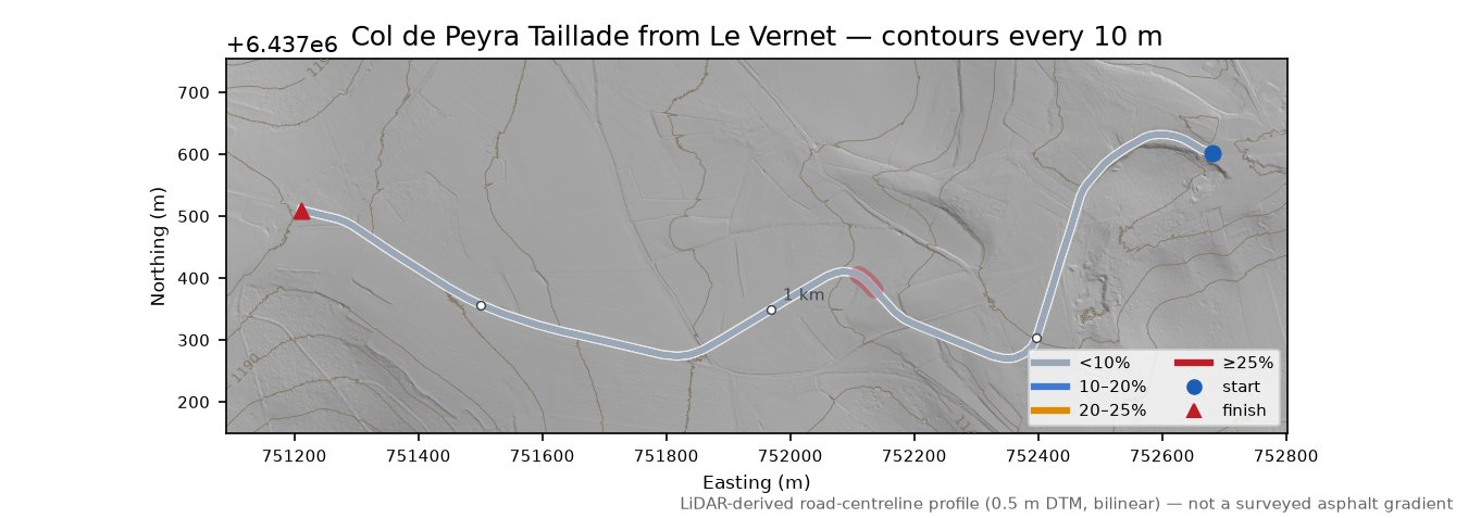 Col de Peyra Taillade from Le Vernet LiDAR hillshade map with contours