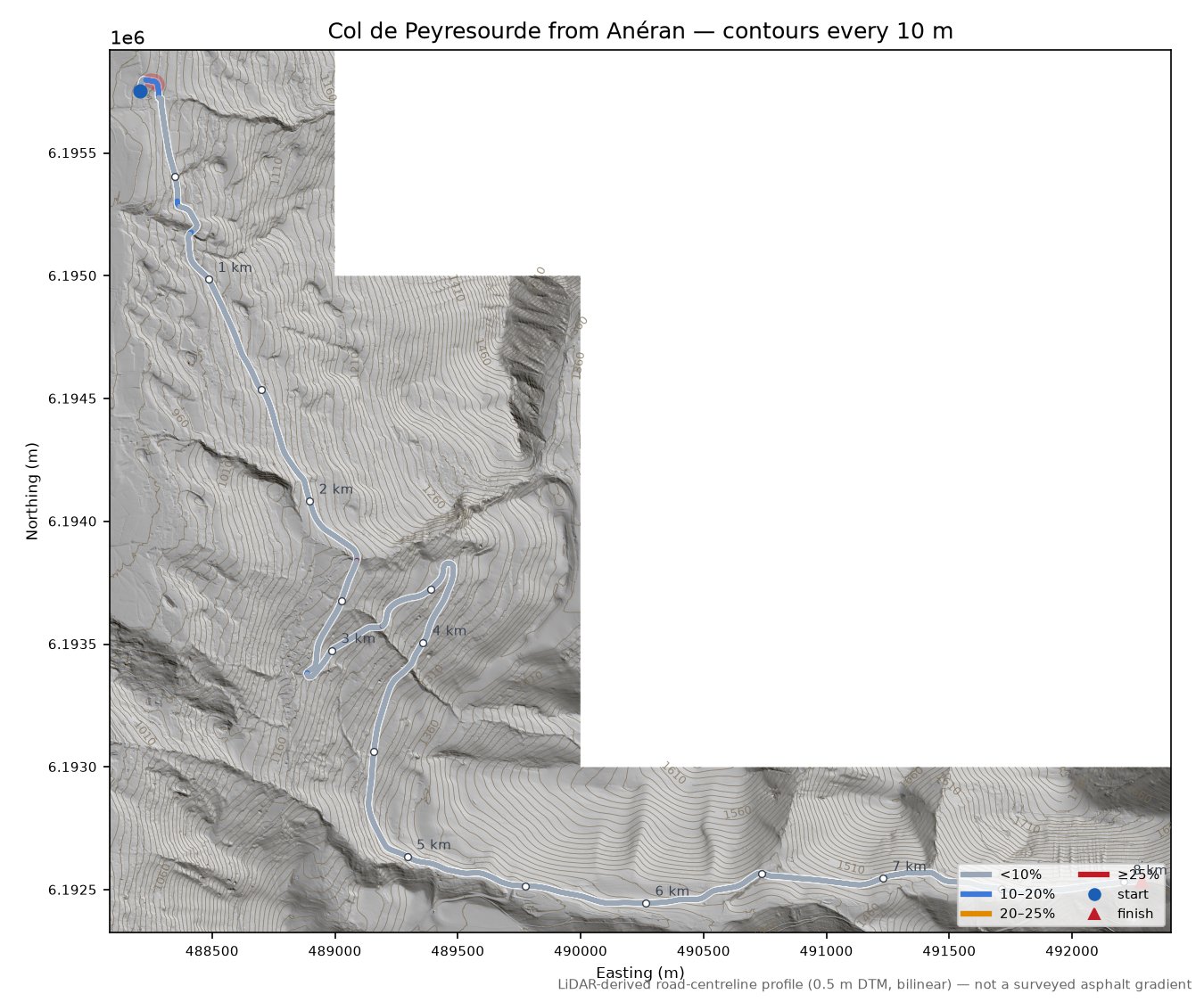 Col de Peyresourde from Anéran LiDAR hillshade map with contours