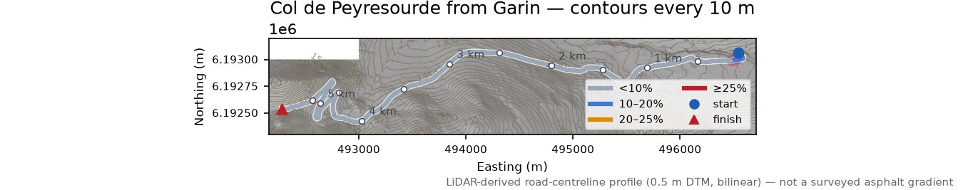 Col de Peyresourde from Garin LiDAR hillshade map with contours