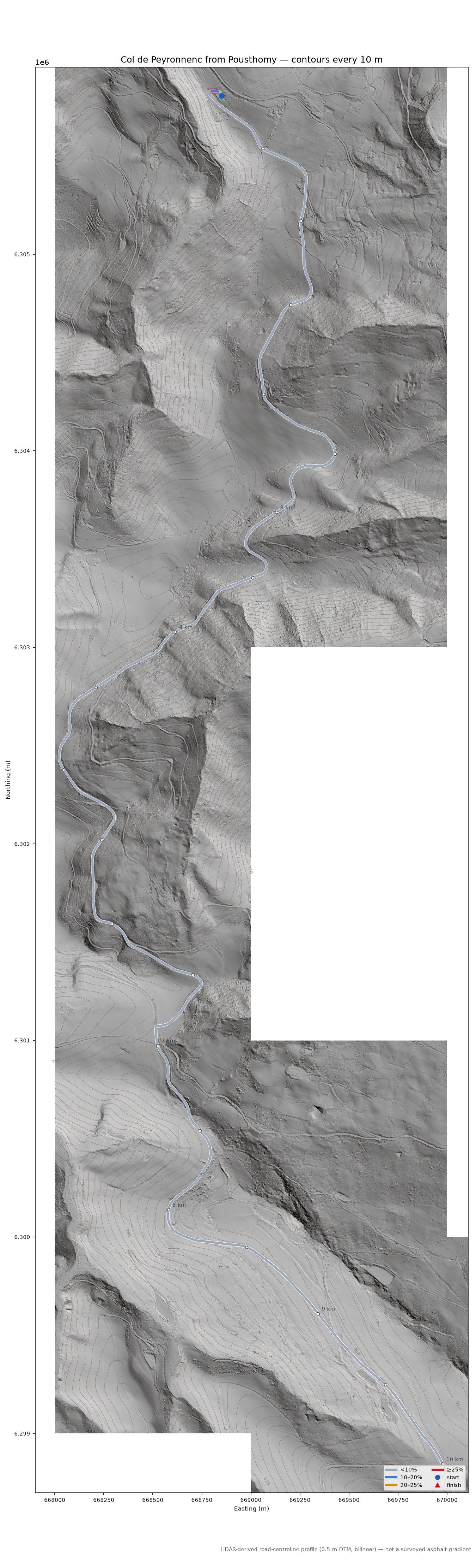 Col de Peyronnenc from Pousthomy LiDAR hillshade map with contours