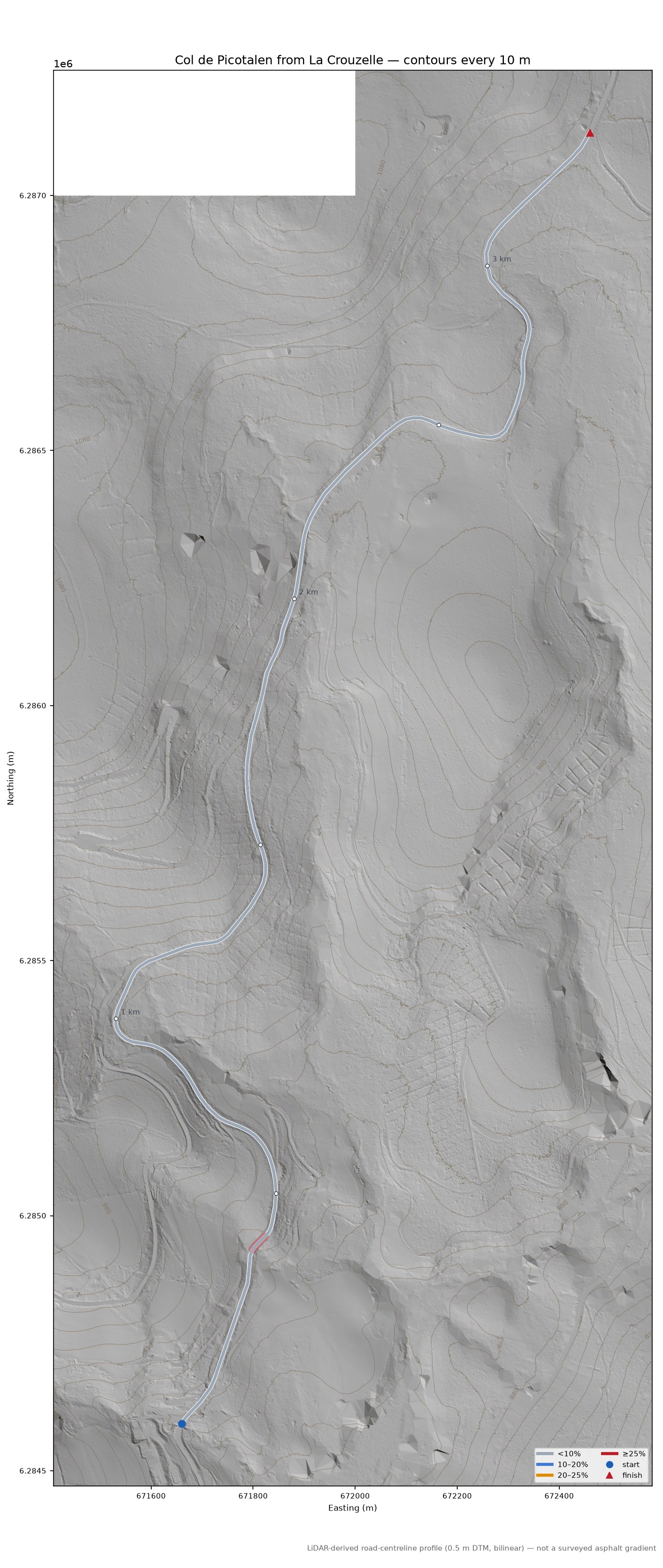 Col de Picotalen from La Crouzelle LiDAR hillshade map with contours