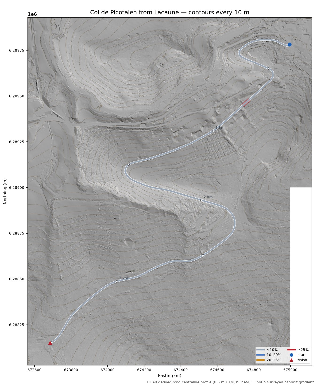 Col de Picotalen from Lacaune LiDAR hillshade map with contours