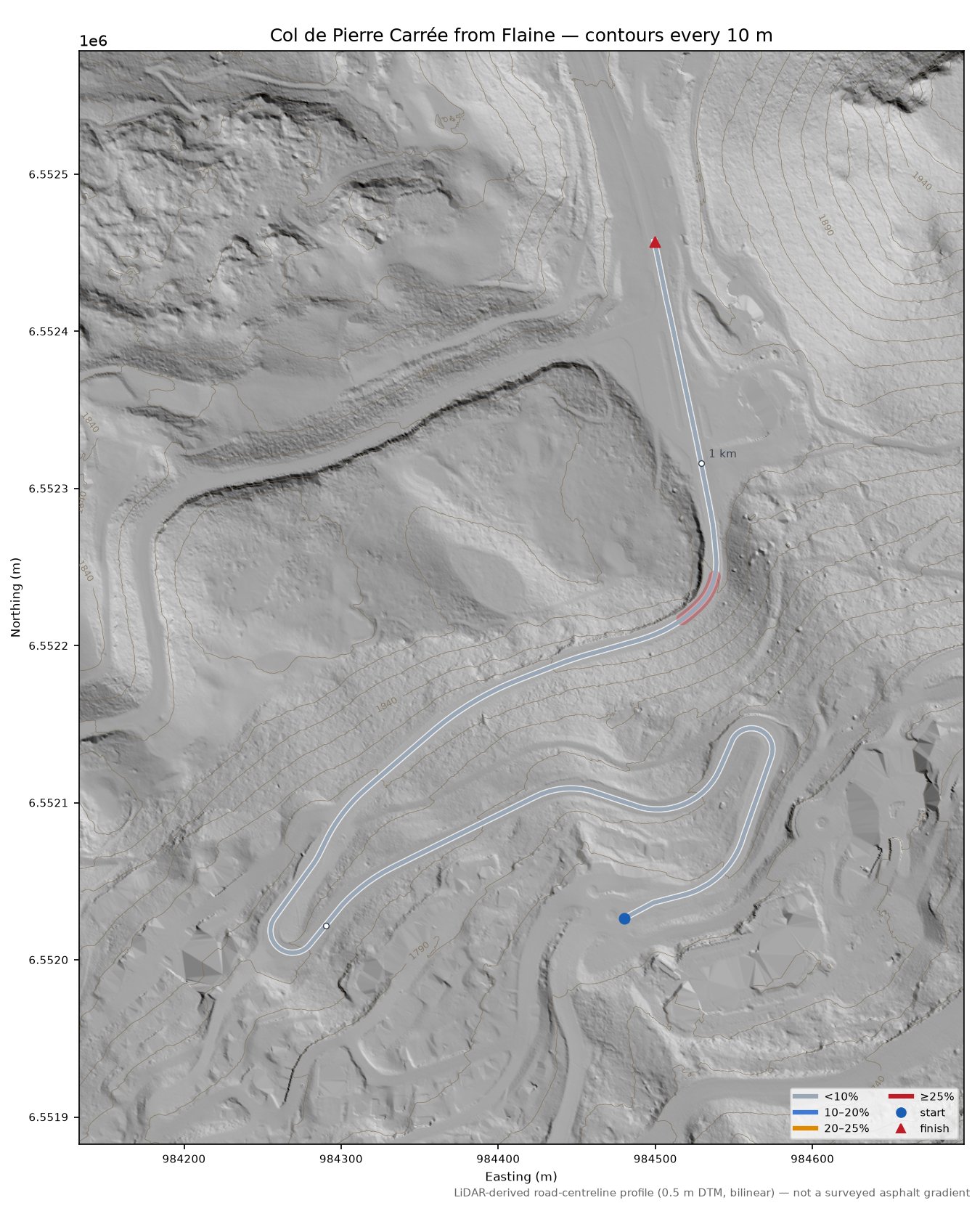 Col de Pierre Carrée from Flaine LiDAR hillshade map with contours