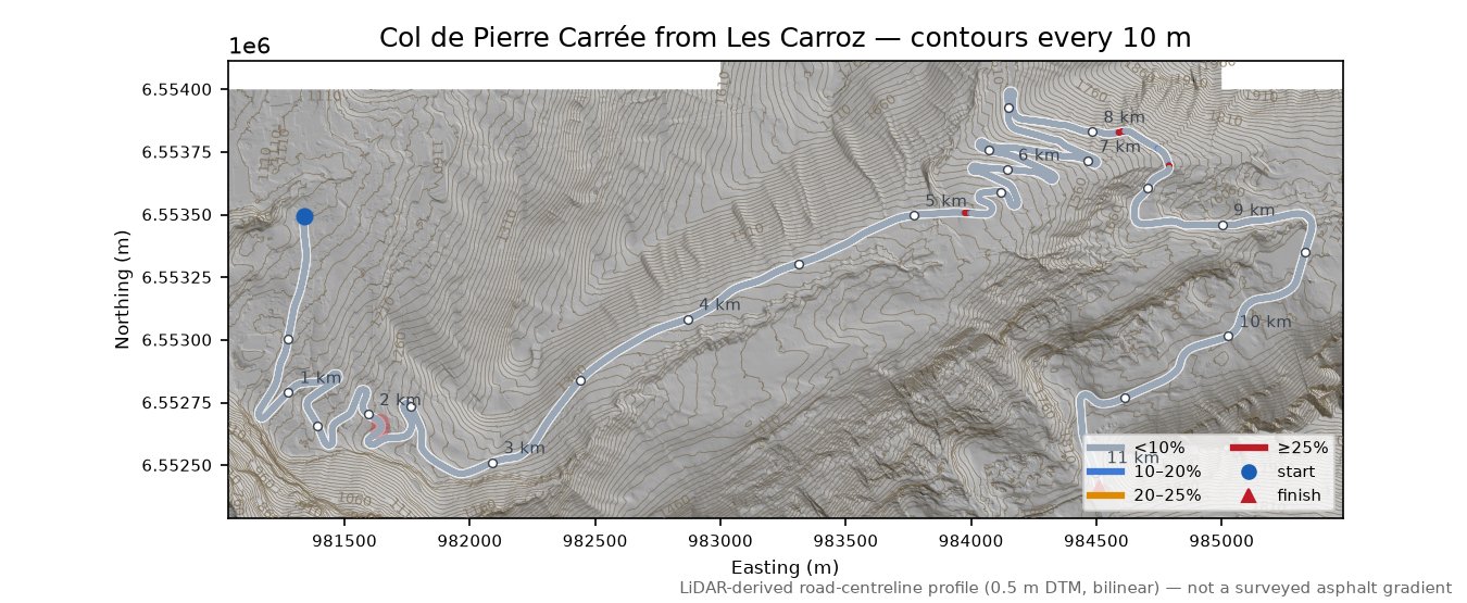 Col de Pierre Carrée from Les Carroz LiDAR hillshade map with contours