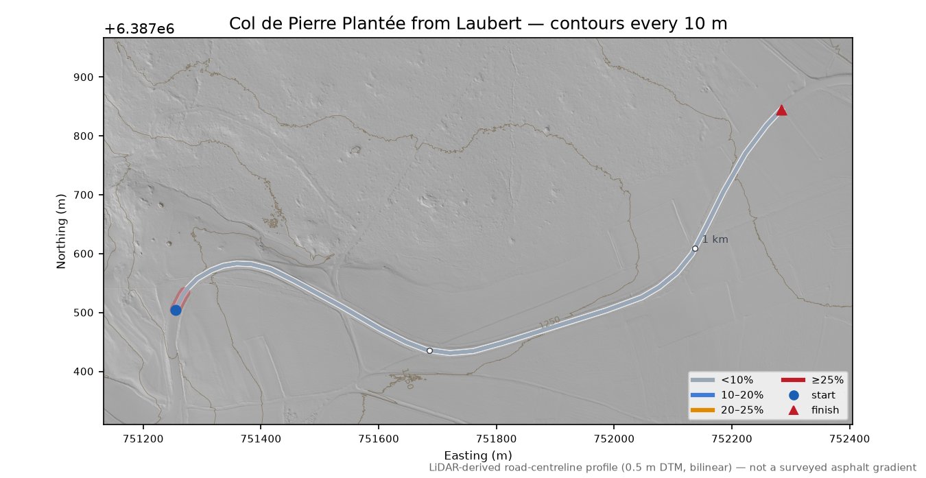 Col de Pierre Plantée from Laubert LiDAR hillshade map with contours