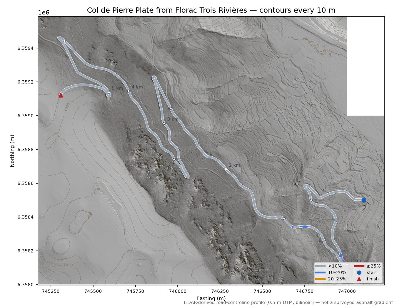 Col de Pierre Plate from Florac Trois Rivières LiDAR hillshade map with contours