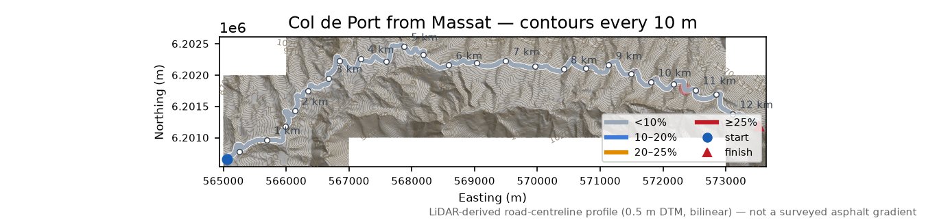 Col de Port from Massat LiDAR hillshade map with contours