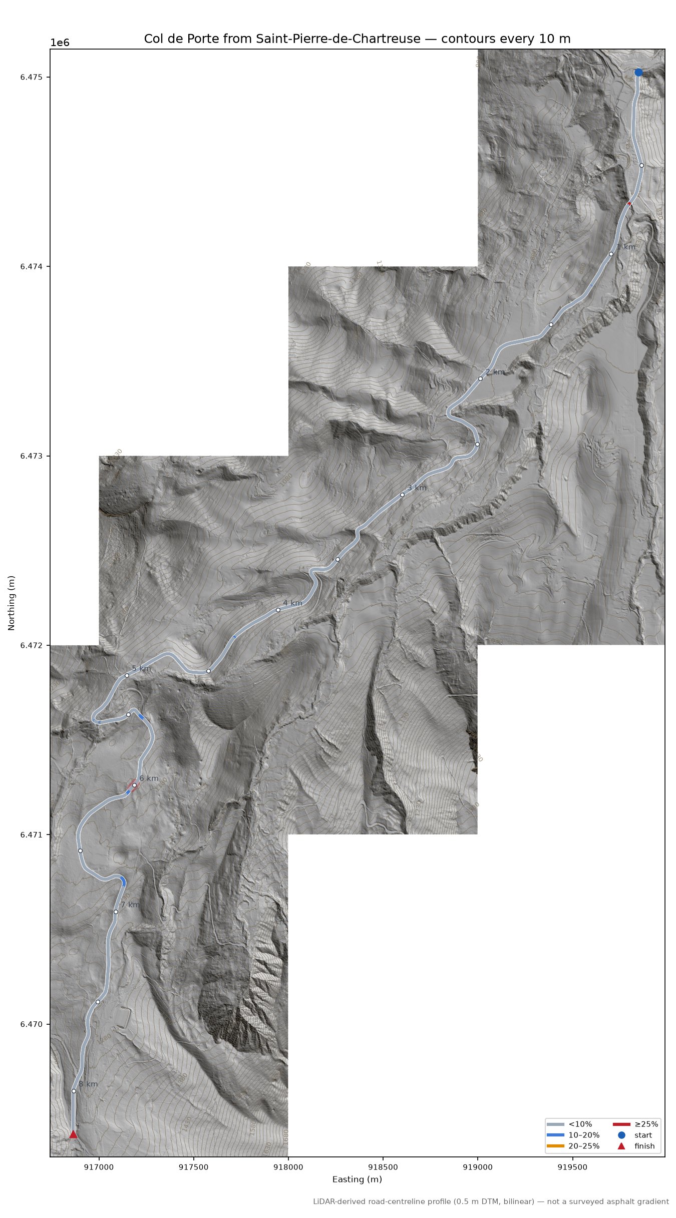 Col de Porte from Saint-Pierre-de-Chartreuse LiDAR hillshade map with contours
