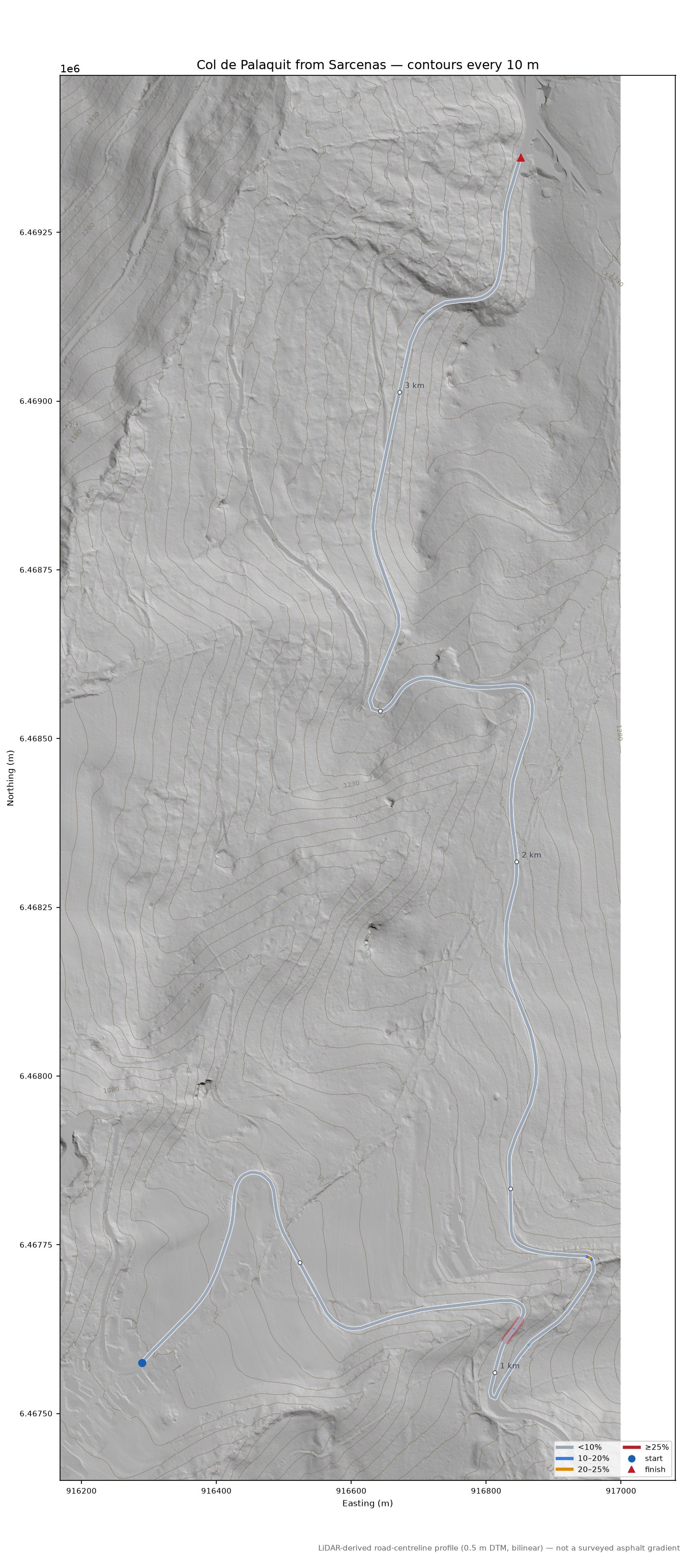 Col de Porte from Sarcenas LiDAR hillshade map with contours