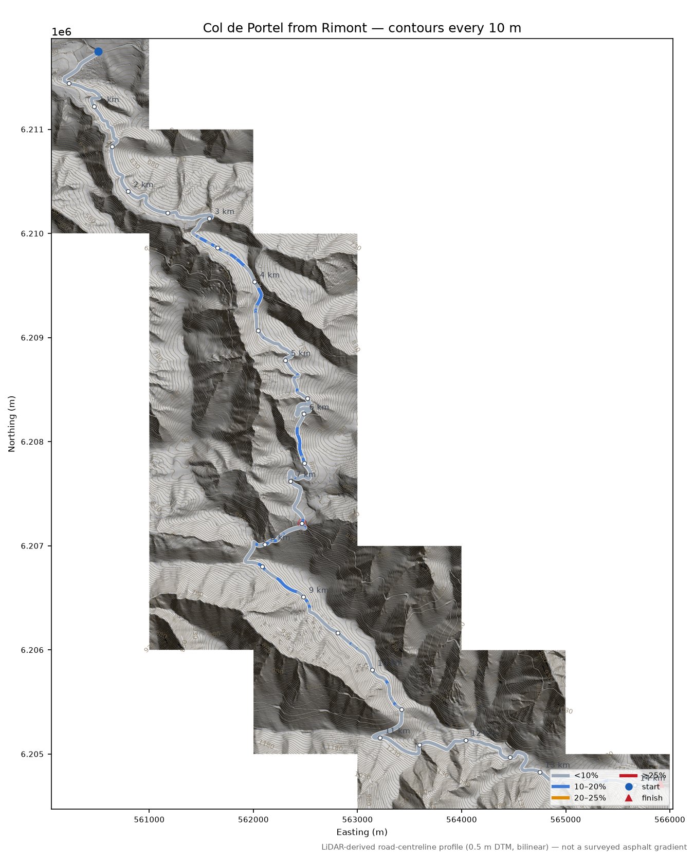 Col de Portel from Rimont LiDAR hillshade map with contours