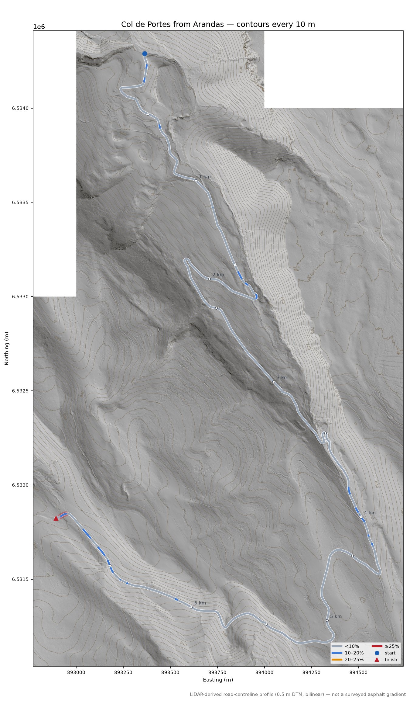 Col de Portes from Arandas LiDAR hillshade map with contours