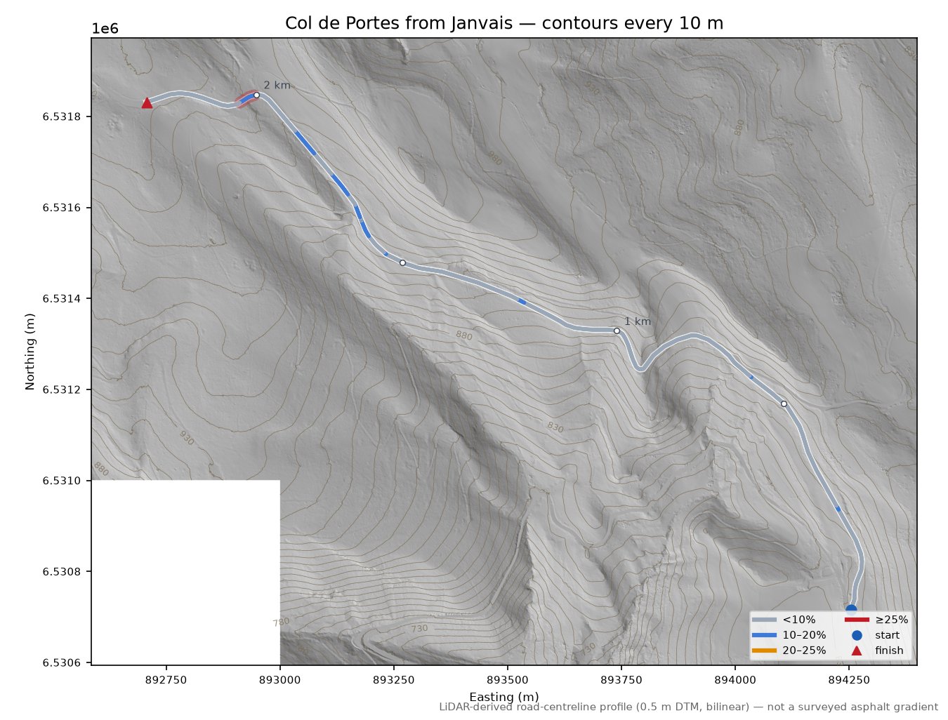 Col de Portes from Janvais LiDAR hillshade map with contours