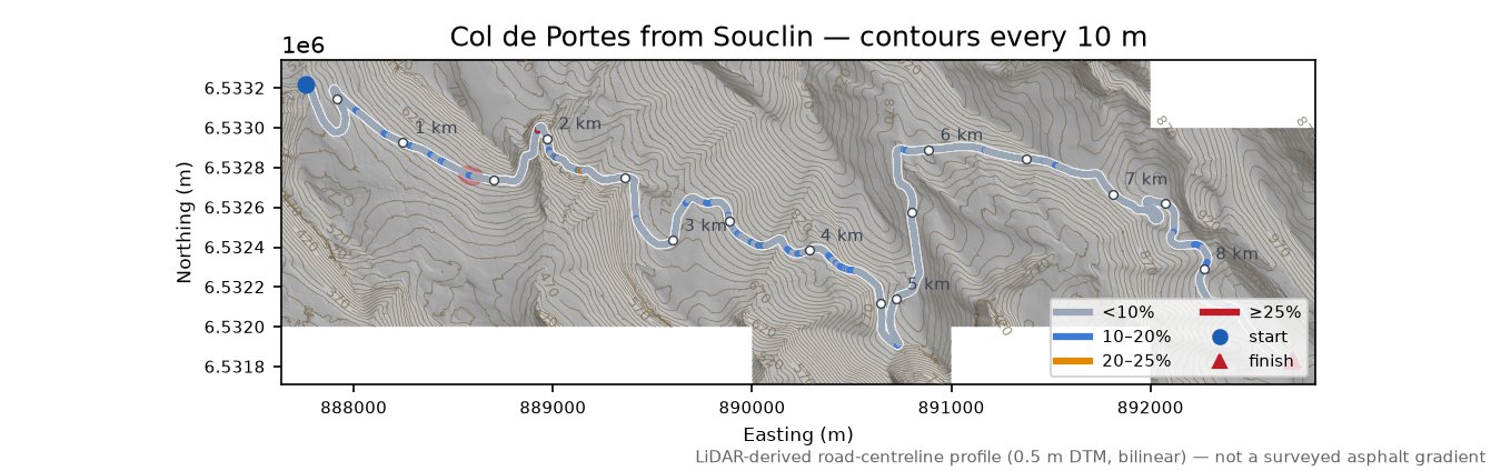 Col de Portes from Souclin LiDAR hillshade map with contours