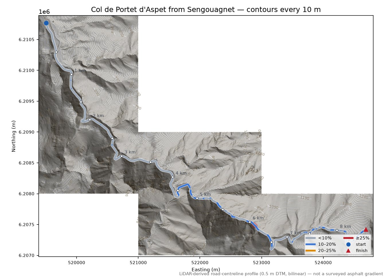Col de Portet d'Aspet from Sengouagnet LiDAR hillshade map with contours