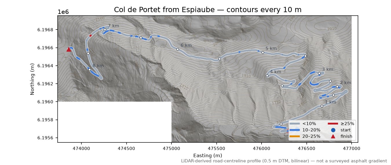 Col de Portet from Espiaube LiDAR hillshade map with contours
