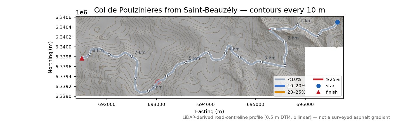 Col de Poulzinières from Saint-Beauzély LiDAR hillshade map with contours