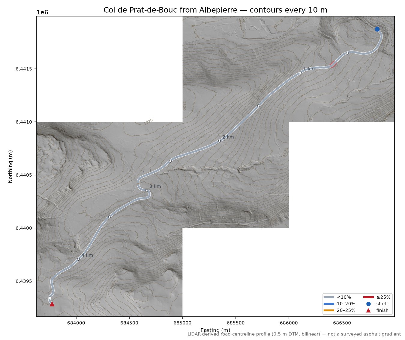 Col de Prat-de-Bouc from Albepierre LiDAR hillshade map with contours