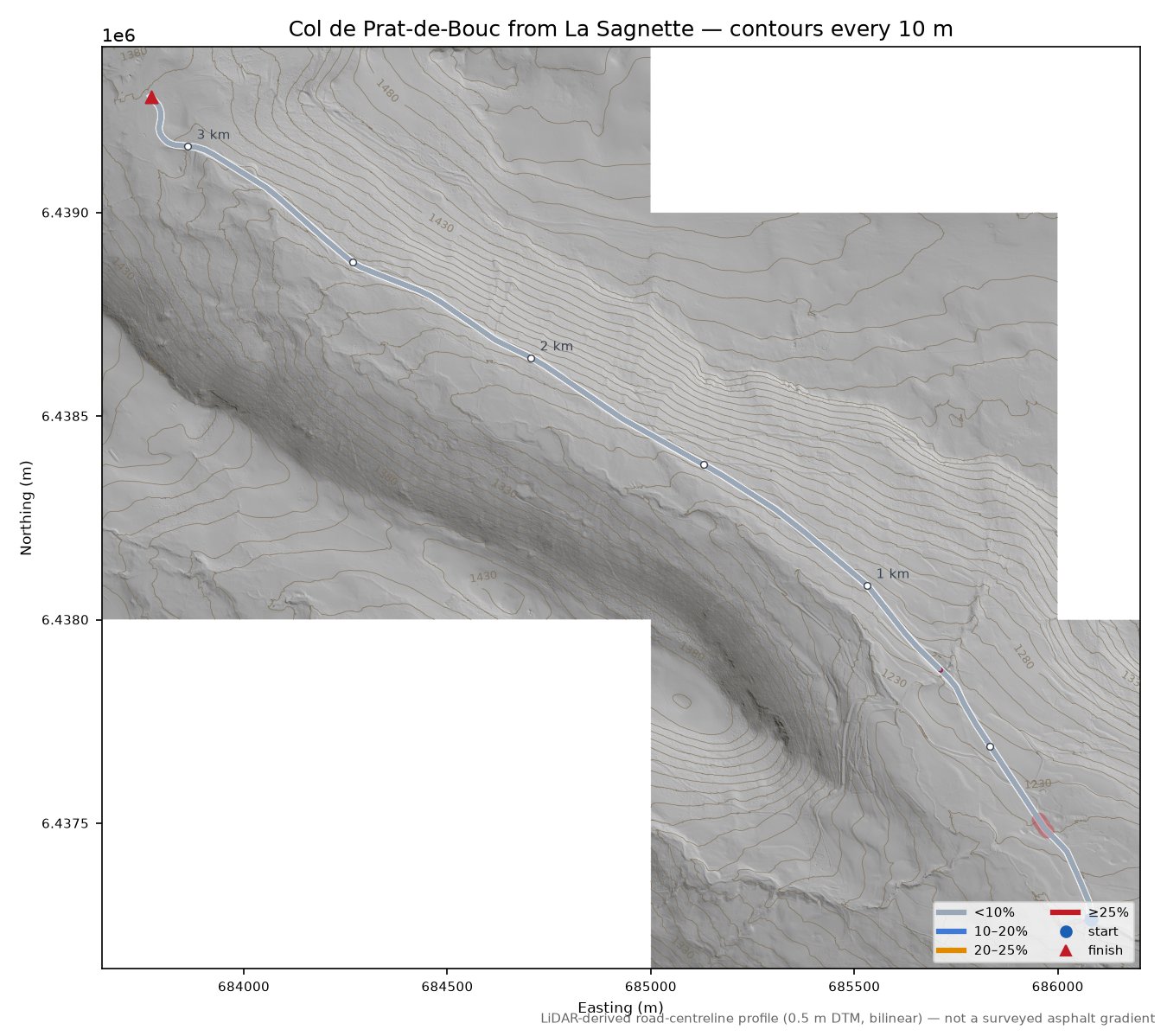Col de Prat-de-Bouc from La Sagnette LiDAR hillshade map with contours