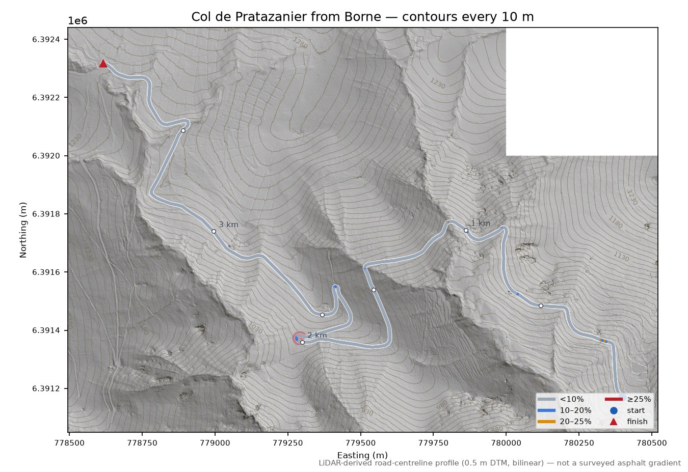 Col de Pratazanier from Borne LiDAR hillshade map with contours