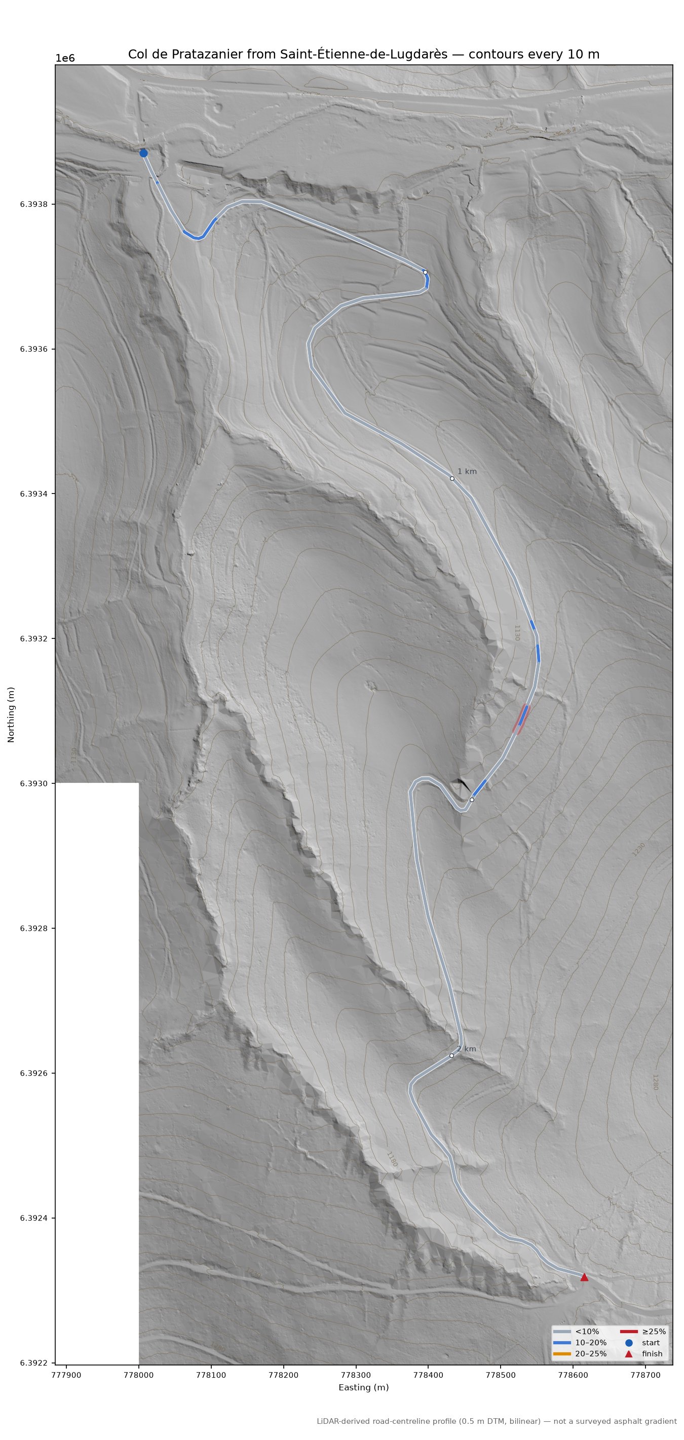 Col de Pratazanier from Saint-Étienne-de-Lugdarès LiDAR hillshade map with contours