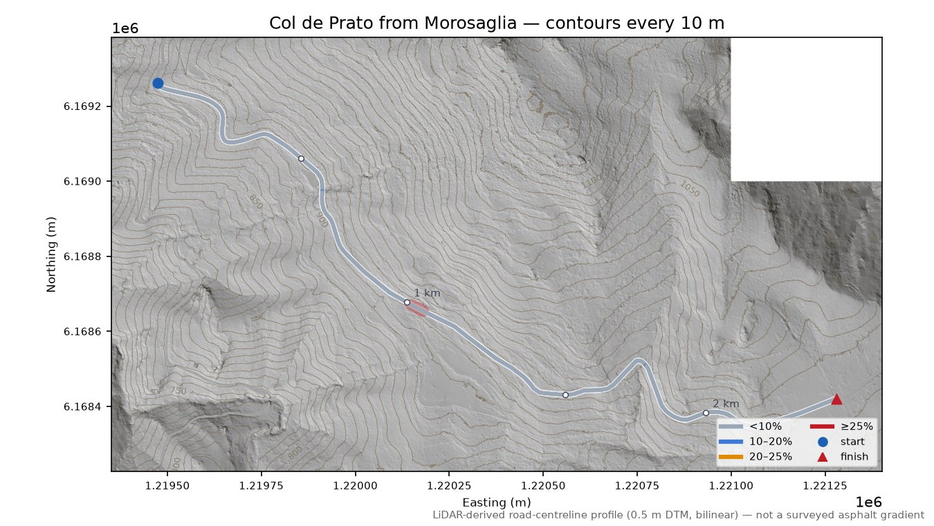 Col de Prato from Morosaglia LiDAR hillshade map with contours