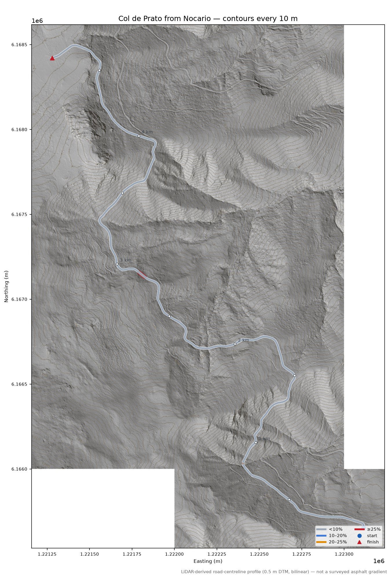 Col de Prato from Nocario LiDAR hillshade map with contours