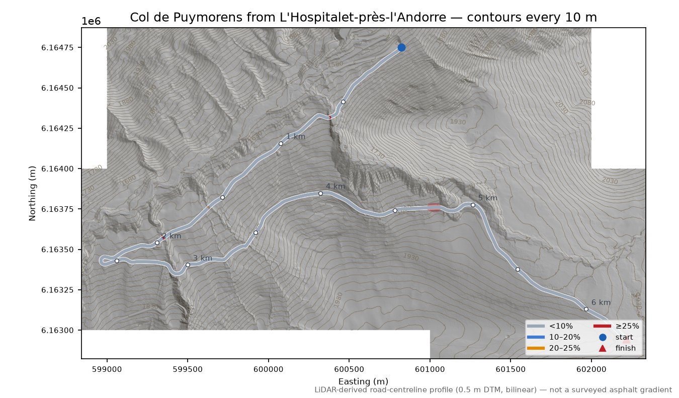 Col de Puymorens from L'Hospitalet-près-l'Andorre LiDAR hillshade map with contours