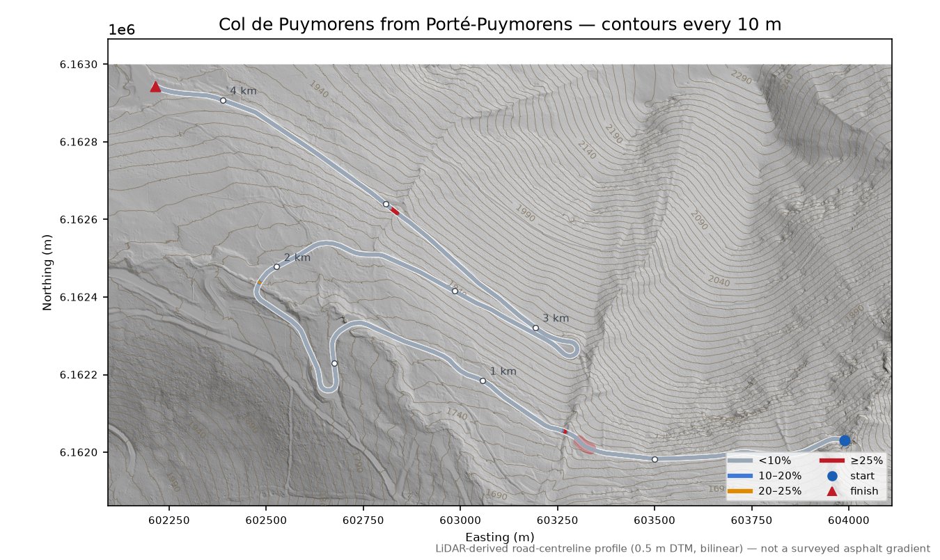 Col de Puymorens from Porté-Puymorens LiDAR hillshade map with contours