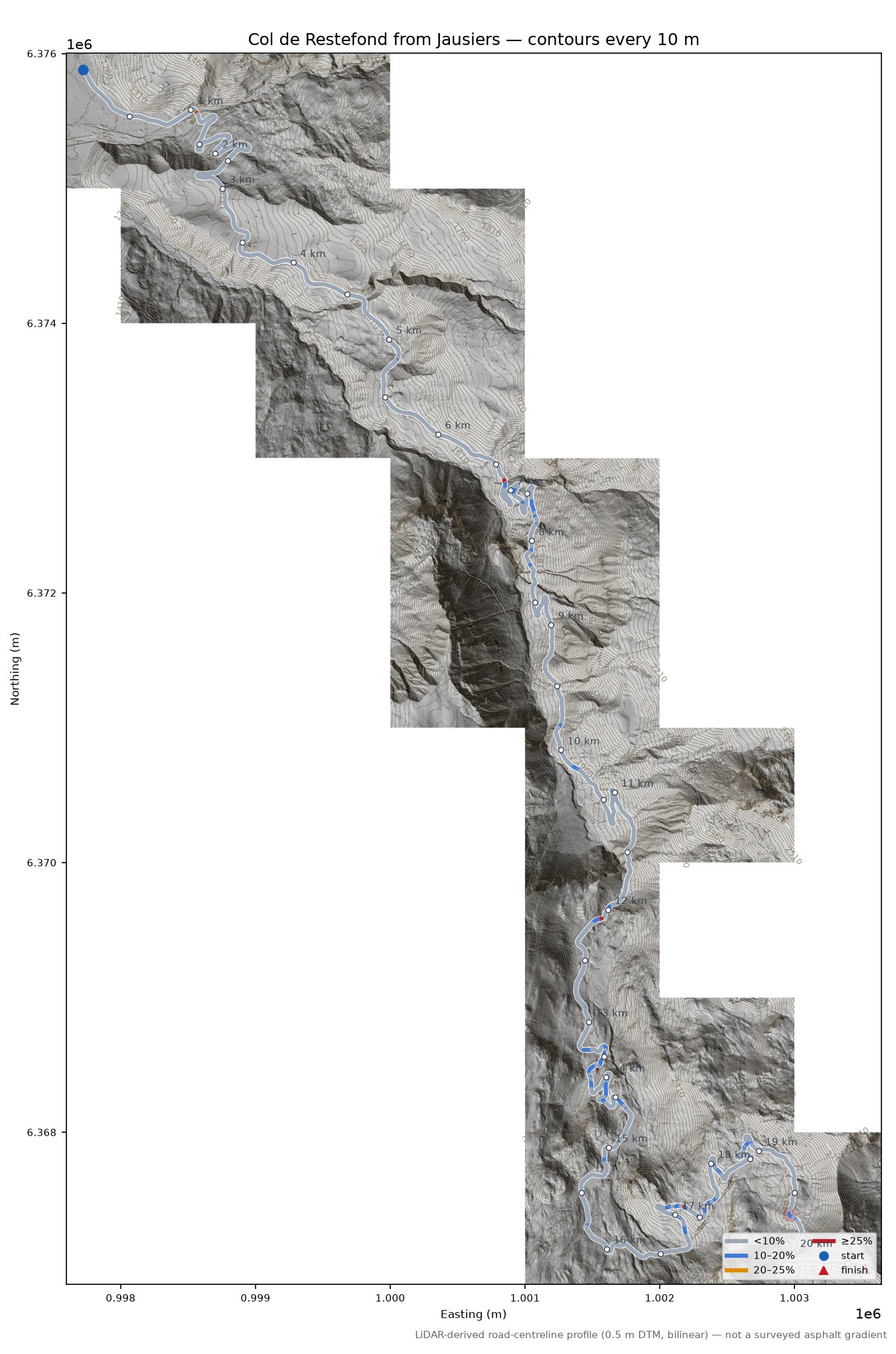 Col de Restefond from Jausiers LiDAR hillshade map with contours