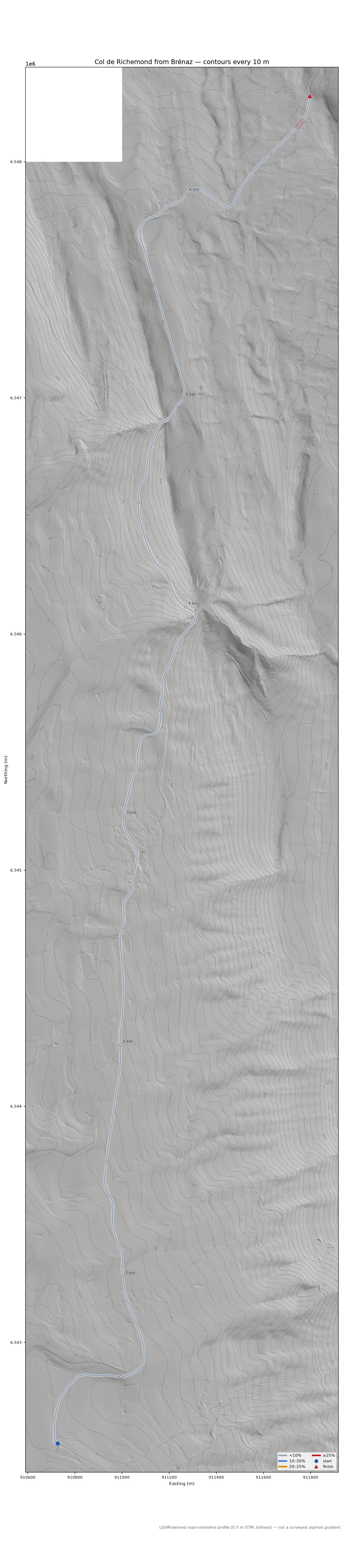 Col de Richemond from Brénaz LiDAR hillshade map with contours