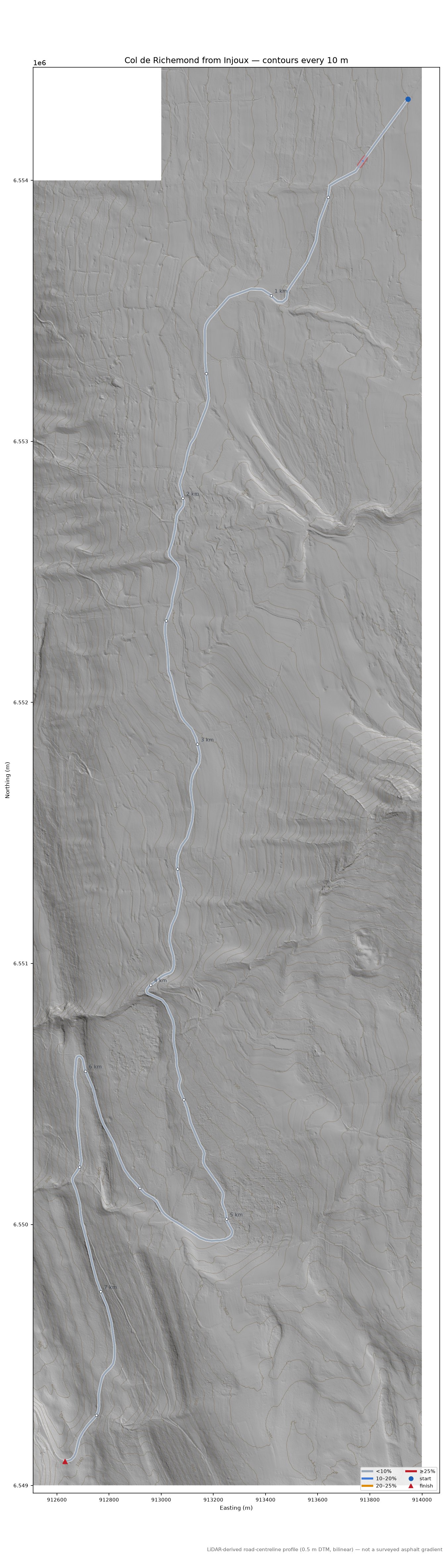 Col de Richemond from Injoux LiDAR hillshade map with contours