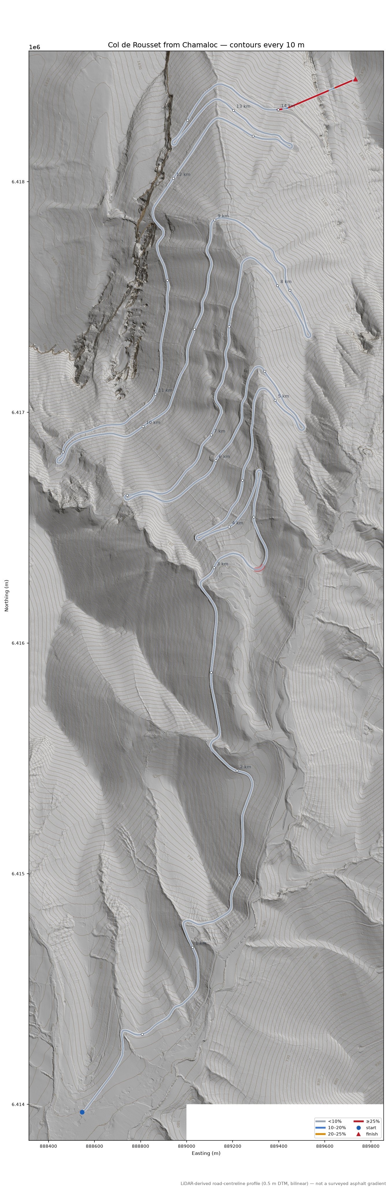 Col de Rousset from Chamaloc LiDAR hillshade map with contours