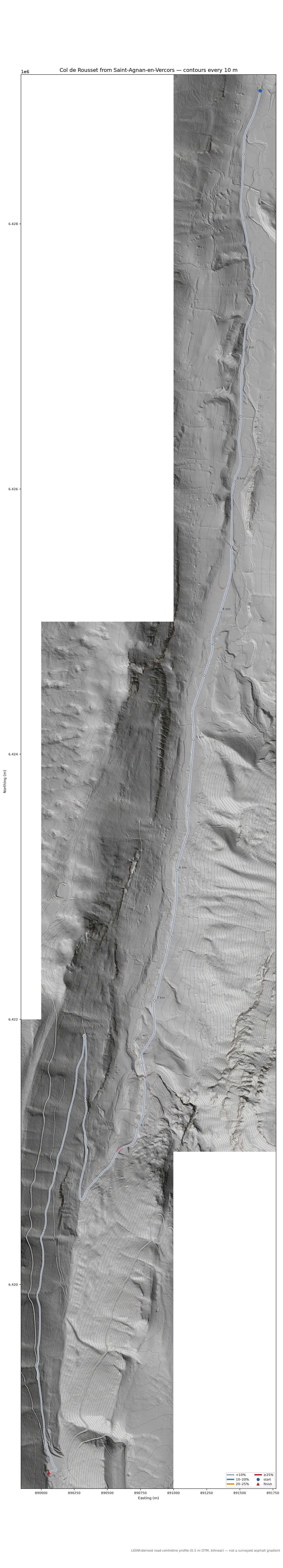 Col de Rousset from Saint-Agnan-en-Vercors LiDAR hillshade map with contours