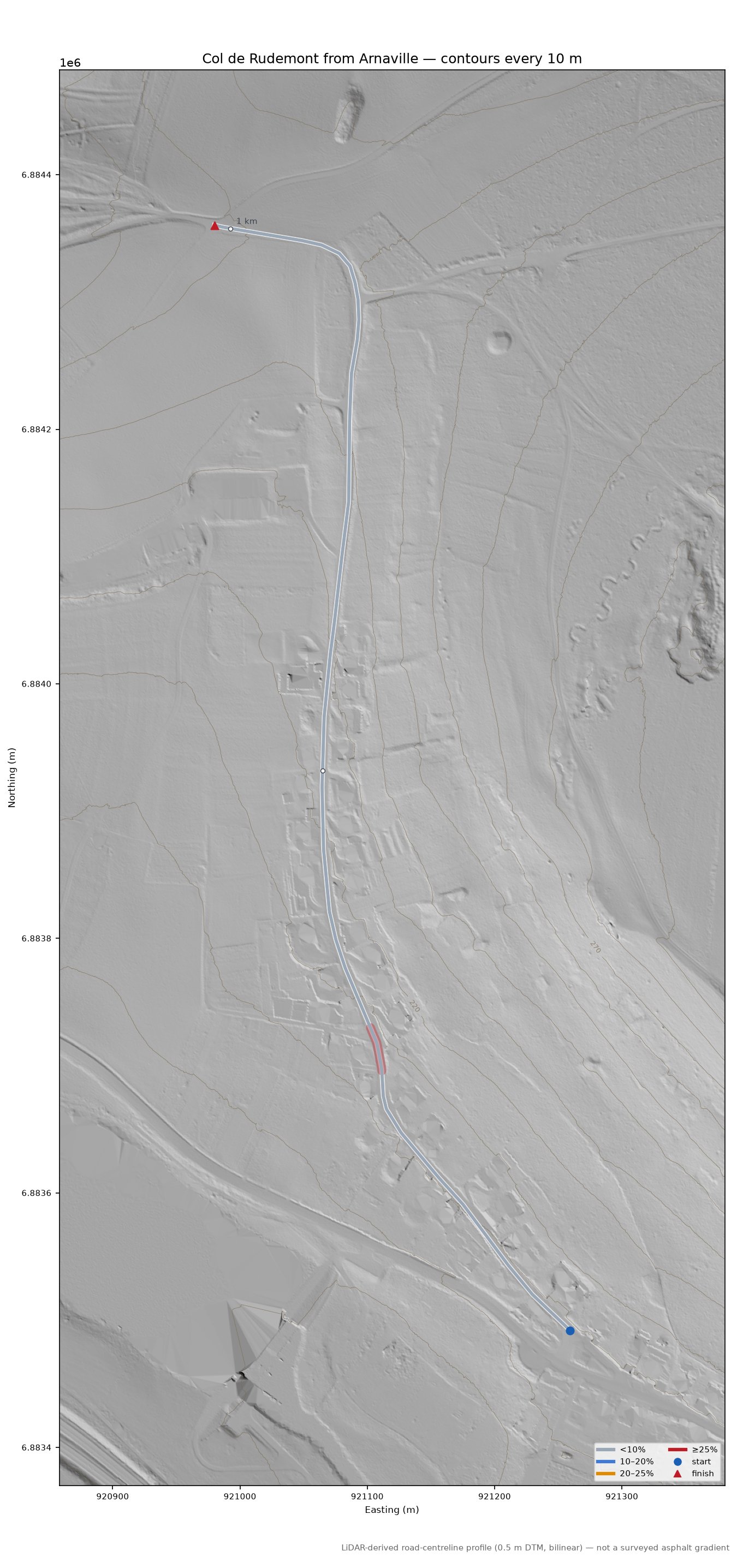 Col de Rudemont from Arnaville LiDAR hillshade map with contours