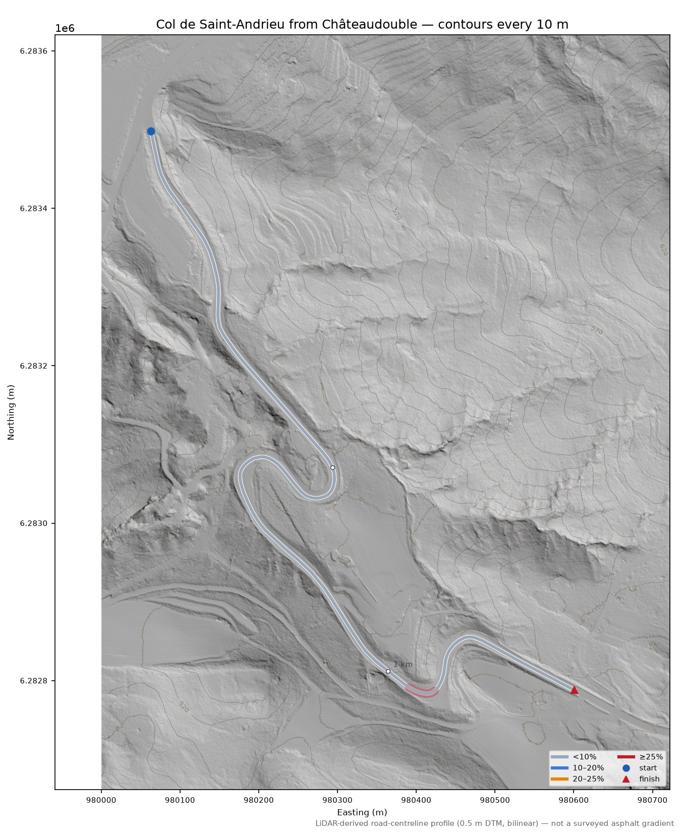 Col de Saint-Andrieu from Châteaudouble LiDAR hillshade map with contours