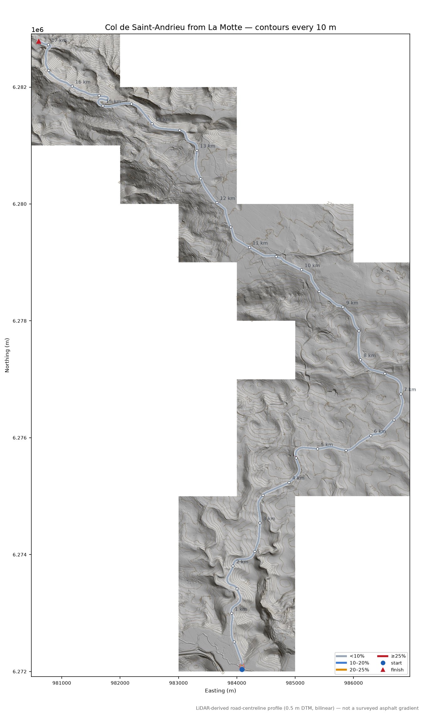 Col de Saint-Andrieu from La Motte LiDAR hillshade map with contours