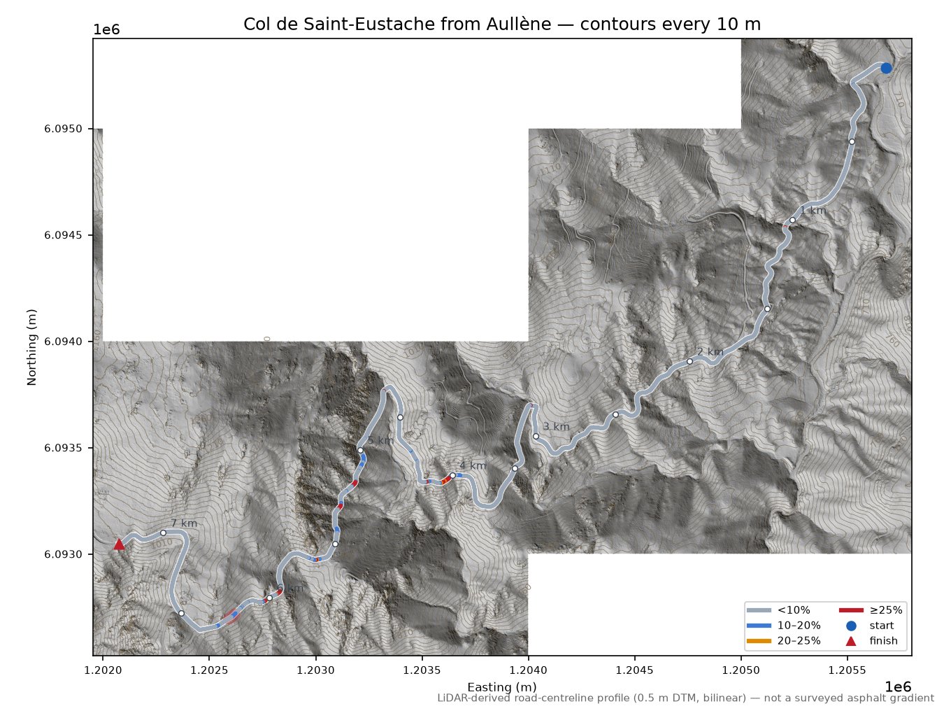 Col de Saint-Eustache from Aullène LiDAR hillshade map with contours