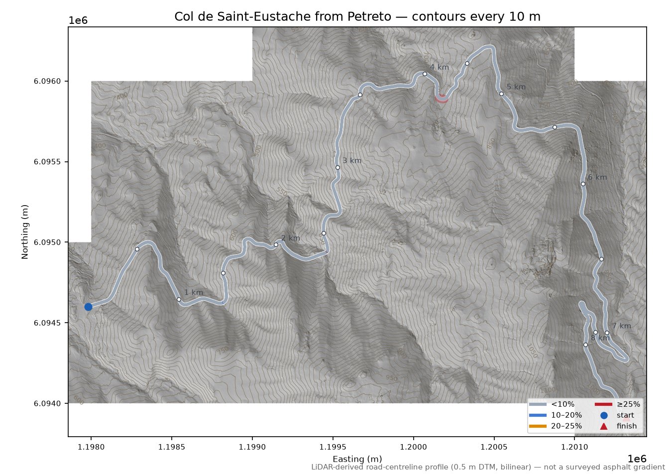 Col de Saint-Eustache from Petreto LiDAR hillshade map with contours