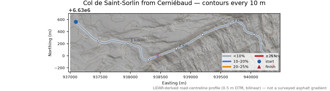 Col de Saint-Sorlin from Cerniébaud LiDAR hillshade map with contours