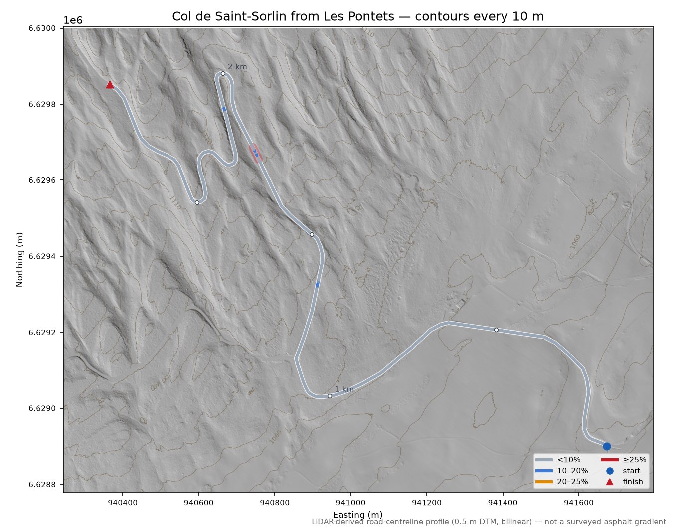 Col de Saint-Sorlin from Les Pontets LiDAR hillshade map with contours