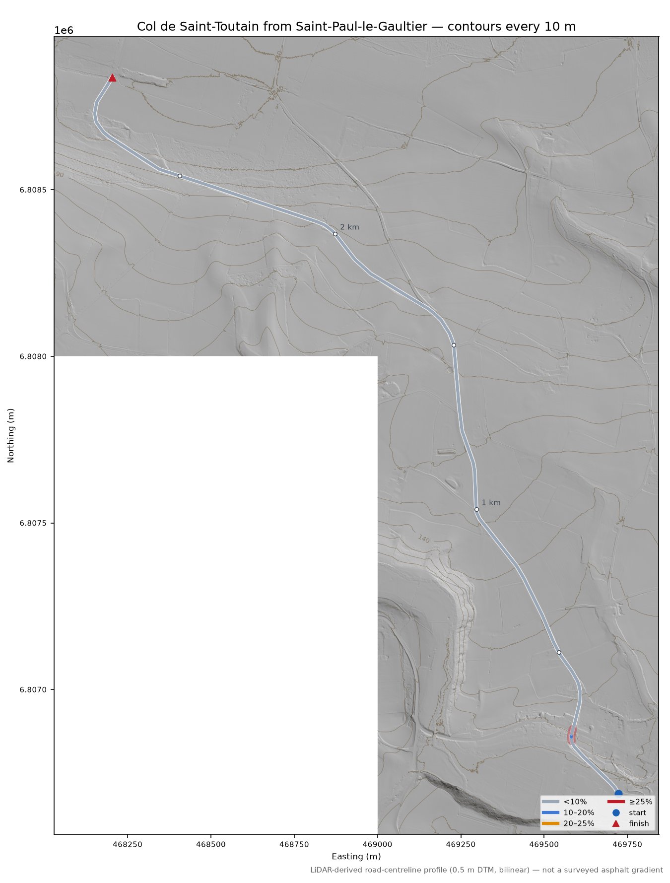 Col de Saint-Toutain from Saint-Paul-le-Gaultier LiDAR hillshade map with contours