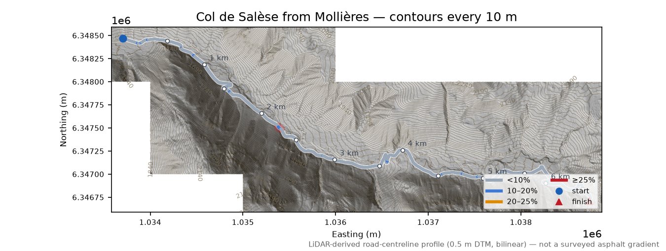 Col de Salèse from Mollières LiDAR hillshade map with contours