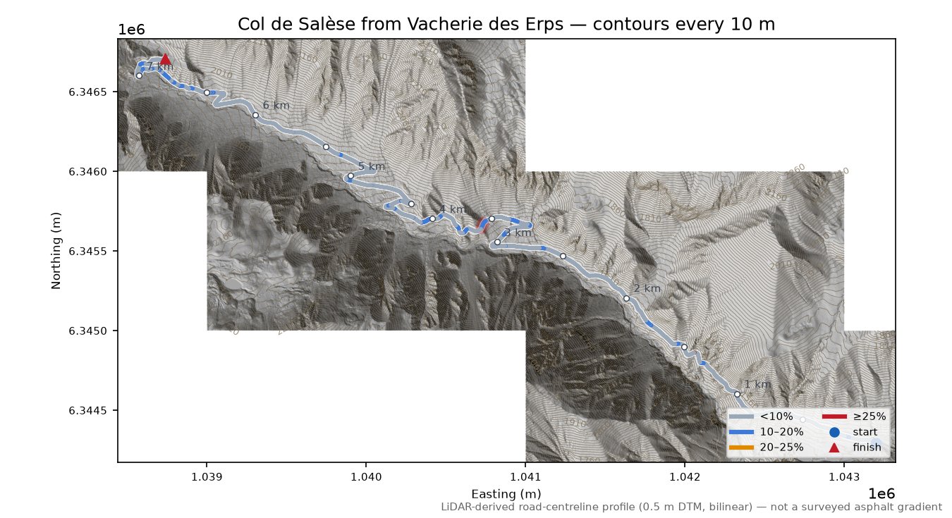 Col de Salèse from Vacherie des Erps LiDAR hillshade map with contours