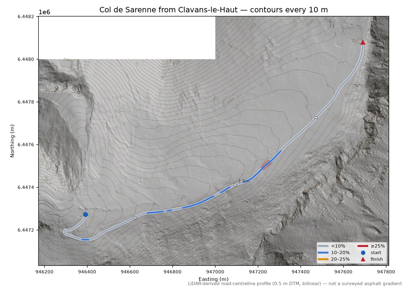 Col de Sarenne from Clavans-le-Haut LiDAR hillshade map with contours