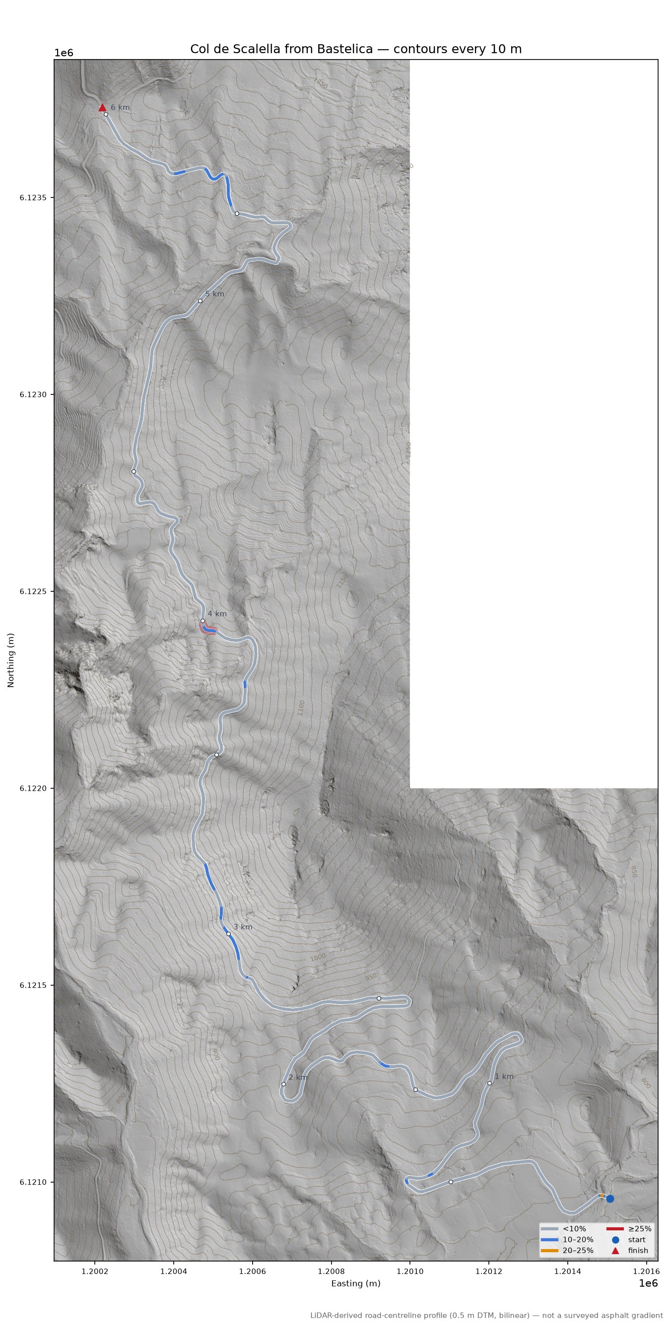 Col de Scalella from Bastelica LiDAR hillshade map with contours