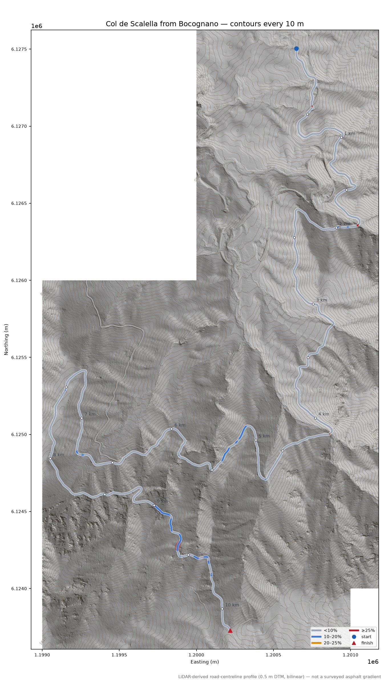 Col de Scalella from Bocognano LiDAR hillshade map with contours