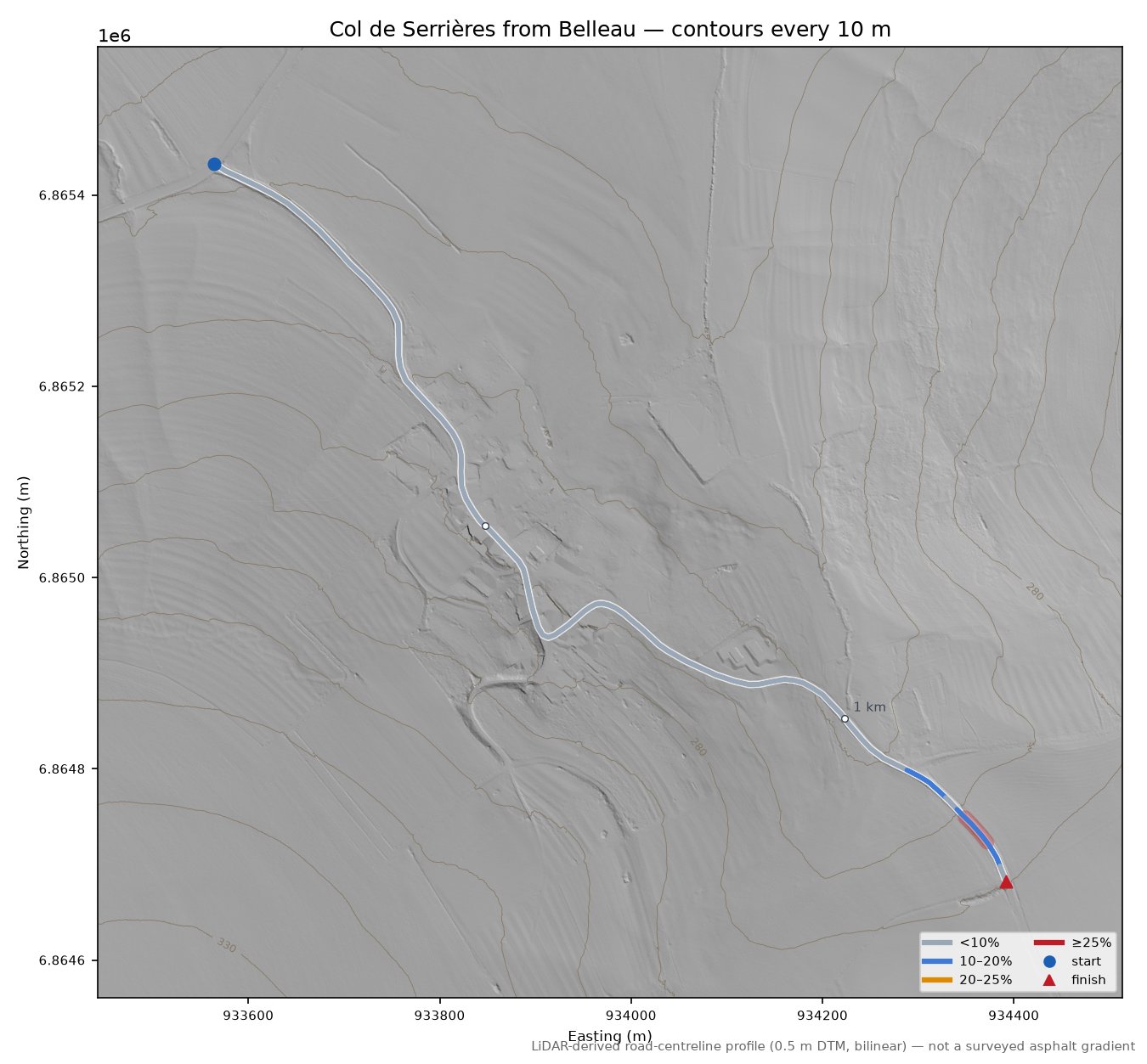Col de Serrières from Belleau LiDAR hillshade map with contours