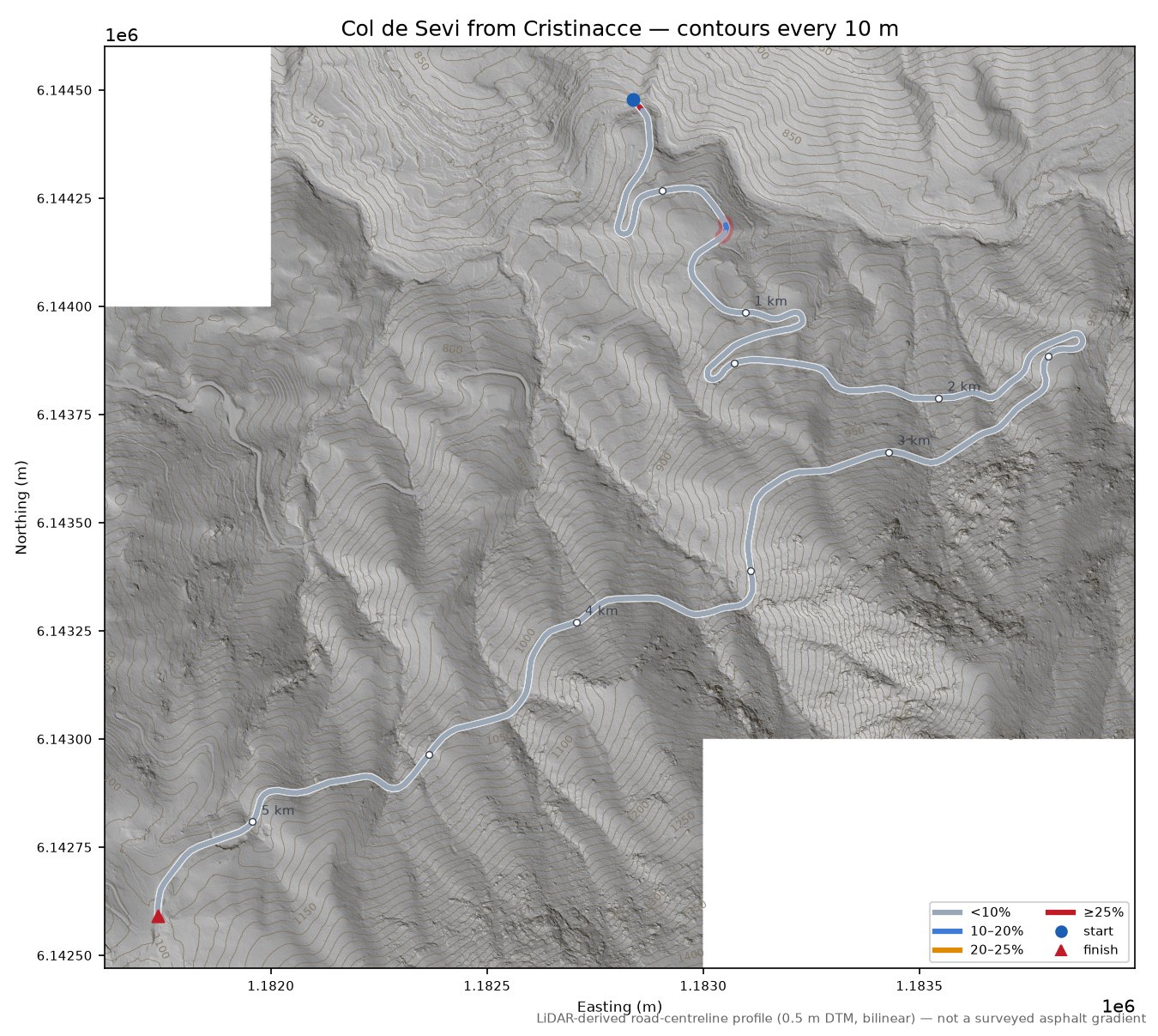 Col de Sevi from Cristinacce LiDAR hillshade map with contours