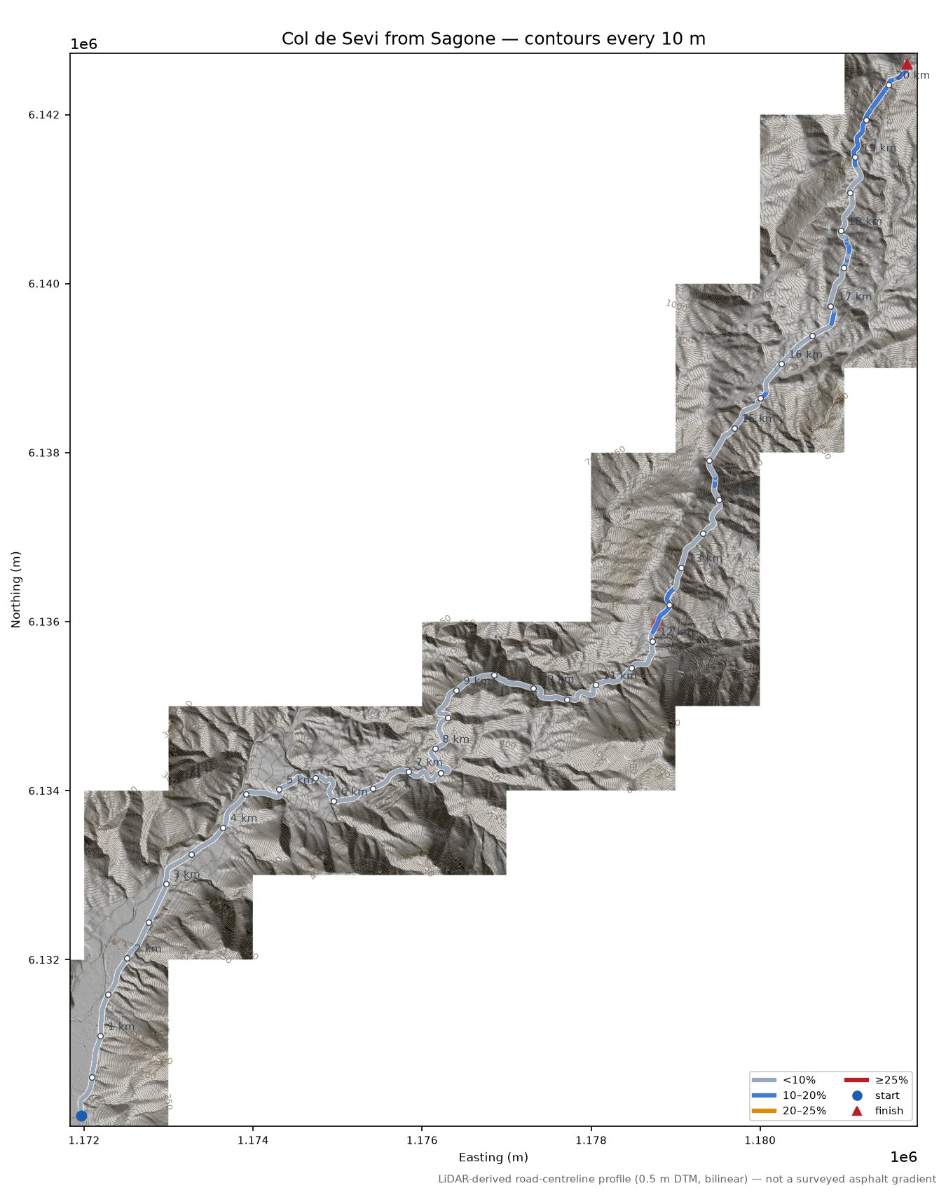 Col de Sevi from Sagone LiDAR hillshade map with contours