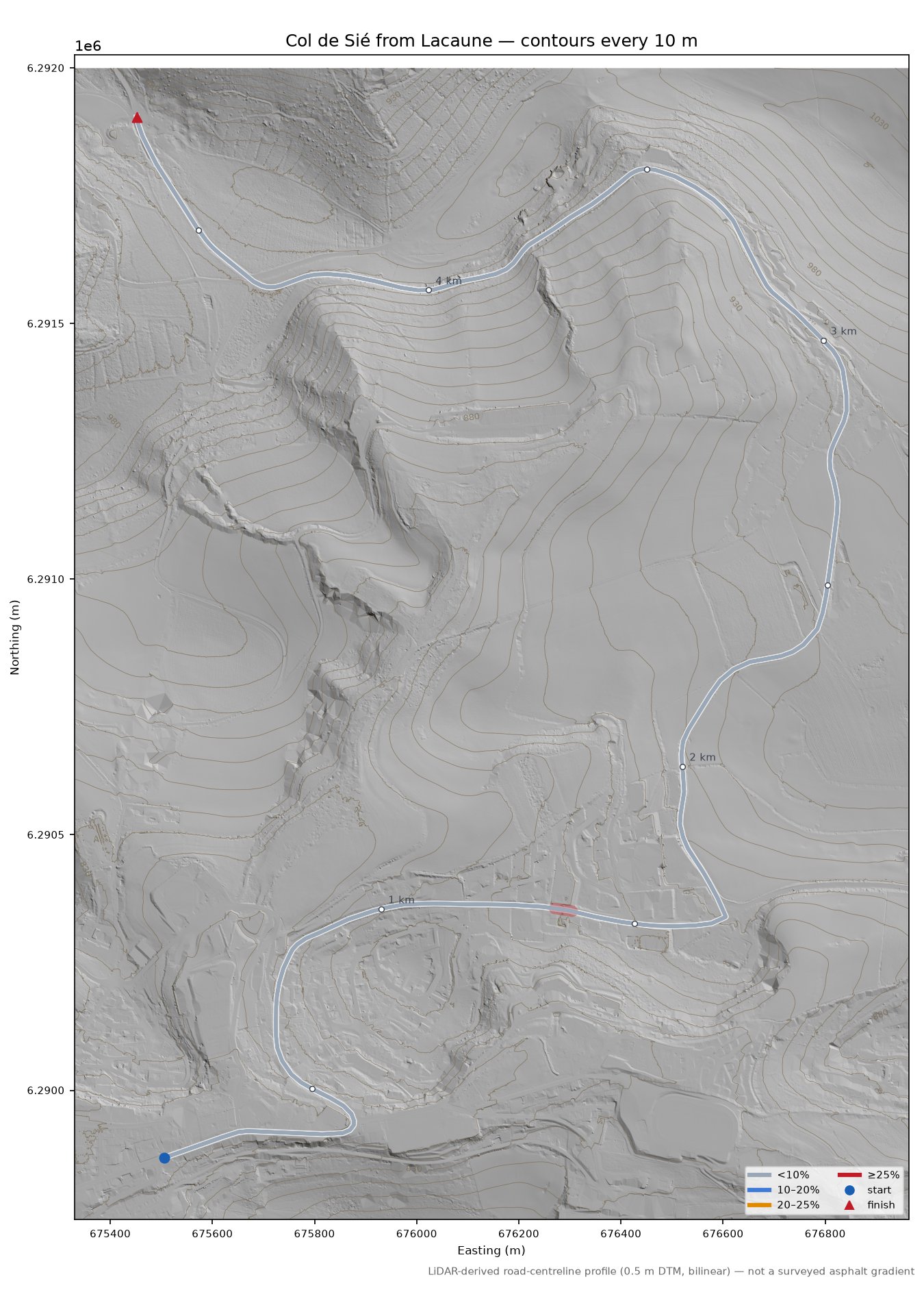 Col de Sié from Lacaune LiDAR hillshade map with contours